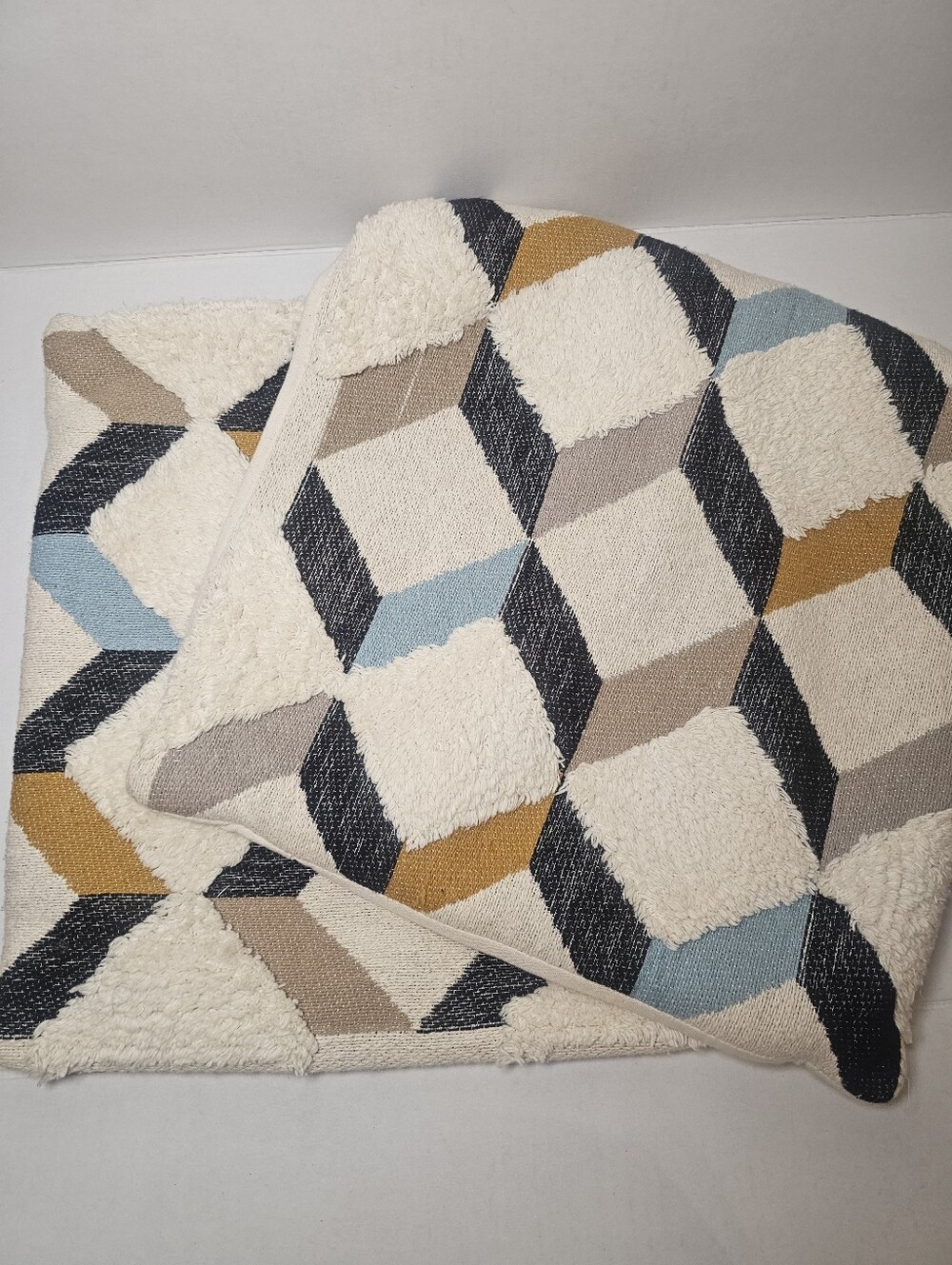 Summer & Rose Geometric 100% Cotton Square Pillow Cover Cream, Mustard & Blue